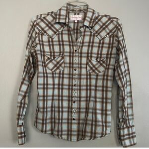 Panhandle Slim Brown and Blue Plaid Button Down Shirt Women's Size Small